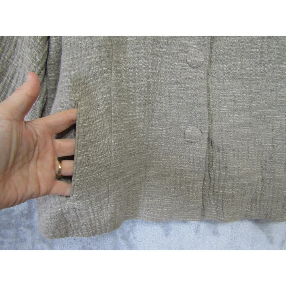 Eileen Fisher Jacket‎ Womens Beige Good Cotton Textured Mandarin Collar 3/4 Slv